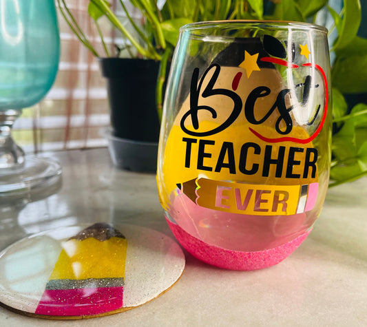 Teacher Wineglass and Coaster Set