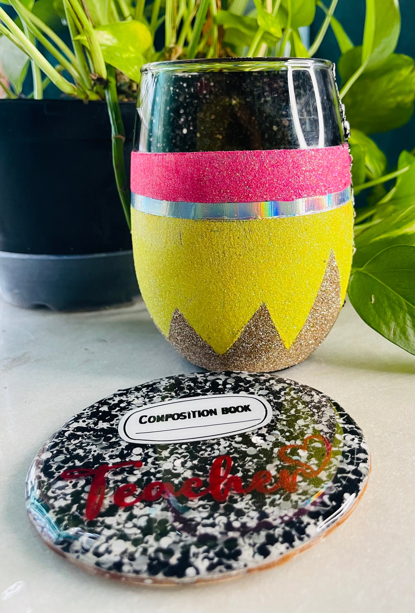 Pencil Wineglass and Coaster Set