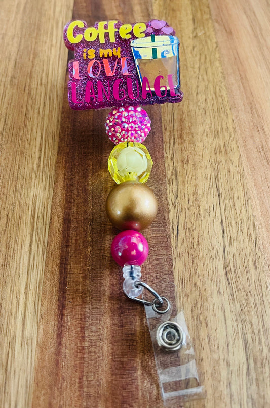 Coffee is my Love Language Badge Reel with Bubblegum Beads