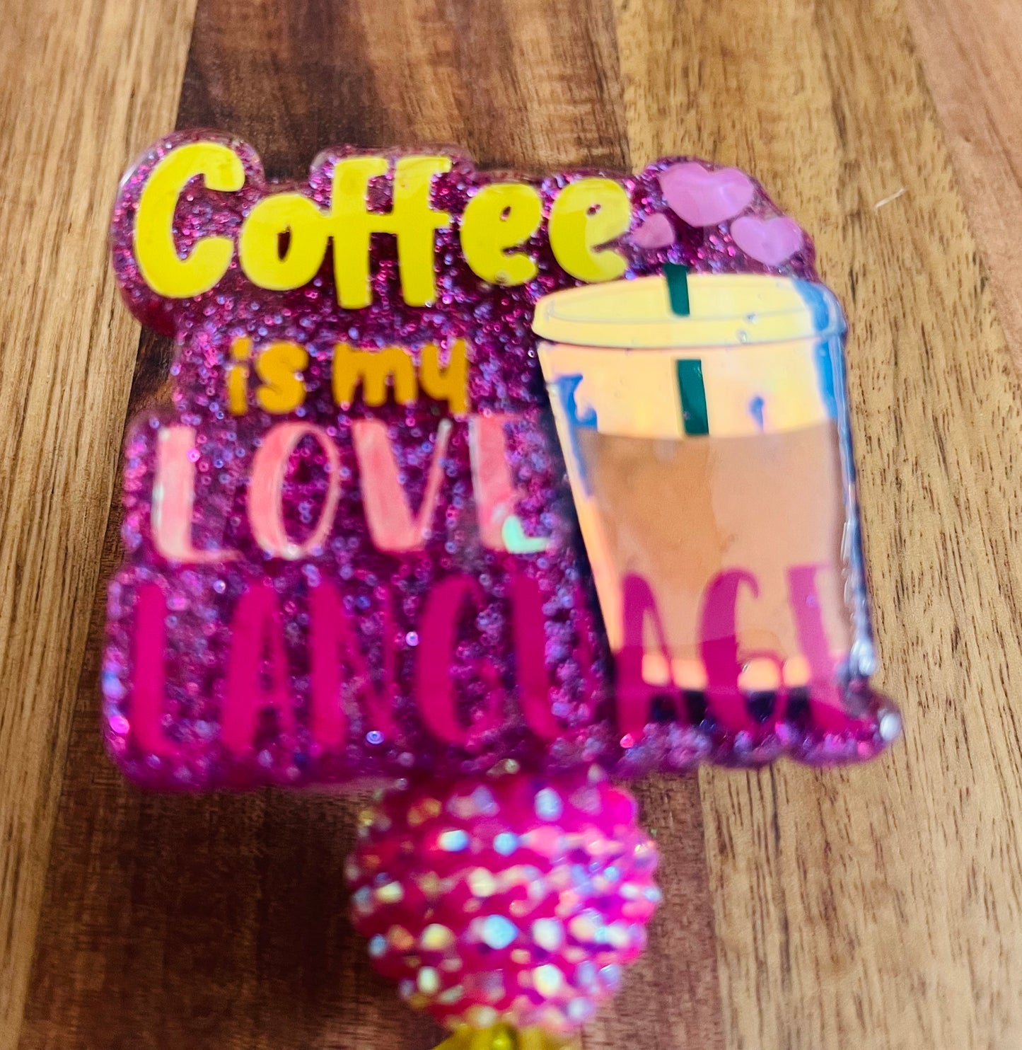 Coffee is my Love Language Badge Reel with Bubblegum Beads