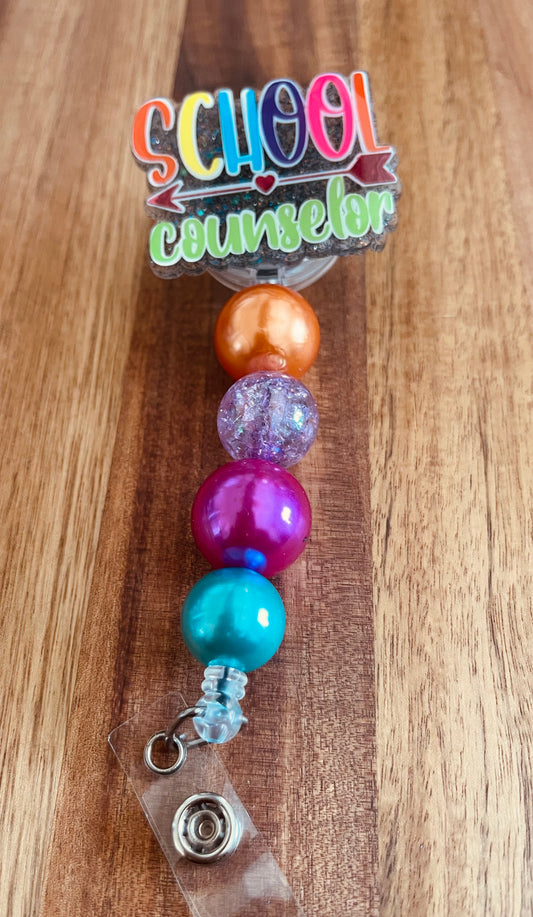 School Counselor Badge Reel With Bubblegum Beads