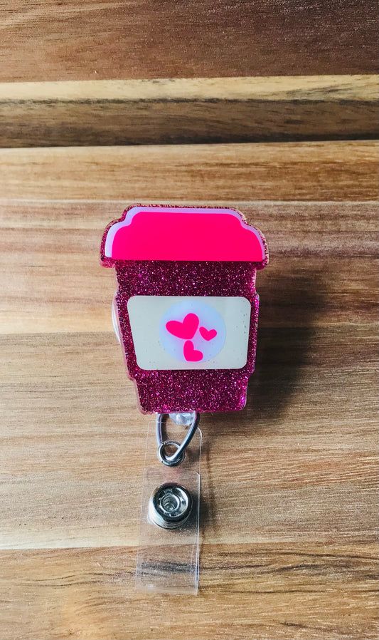 Pink Coffee Cup Badge Reel